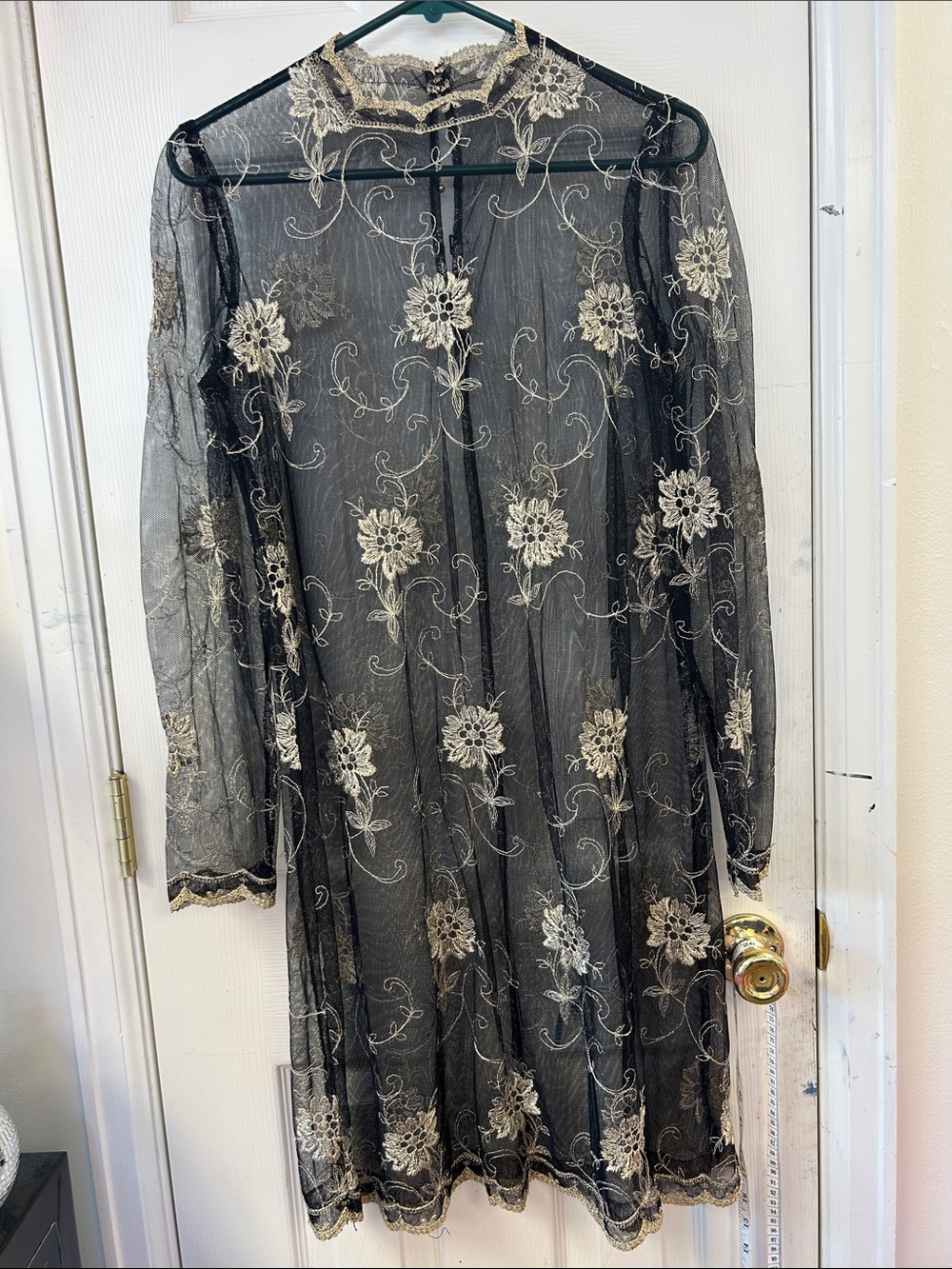 Sheer Black Mesh Dress with Gold Floral Embroidery